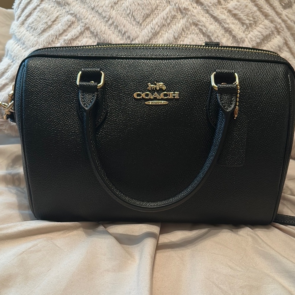COACH Rowan Black Leather Satchel Bag – Shoulder/Crossbody Purse – Gold Hardware